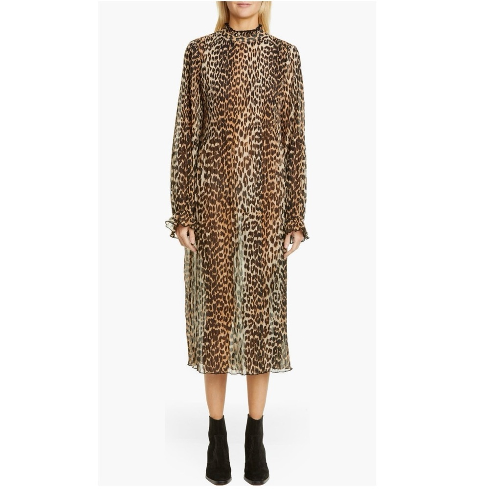 Ganni Leopard Print Sheer Georgette Long Sleeve Midi Dress 4US/36EU